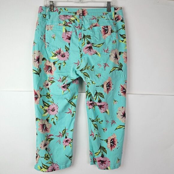 Baccini Women's Blue Pink Floral Hibiscus Crop Capri Stretch Jeans Size 1 GUC - Picture 4 of 6